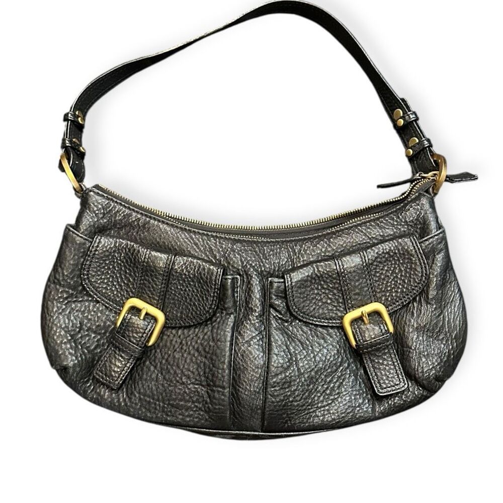 PRESA Women’s Black Pebbled Faux Leather Buckle Shoulder Bag